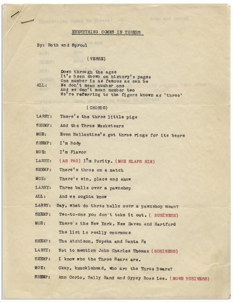Moe Howard's 2pp. Script for the Skit ''Everything Comes in Threes'' -- Circa 1950 With Shemp -- Near Fine Condition